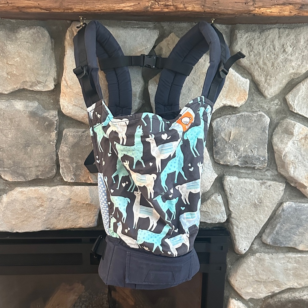 GUC Tula Toddler Carrier, cute Blue Alpaca (“Alpaca Love”) pattern.